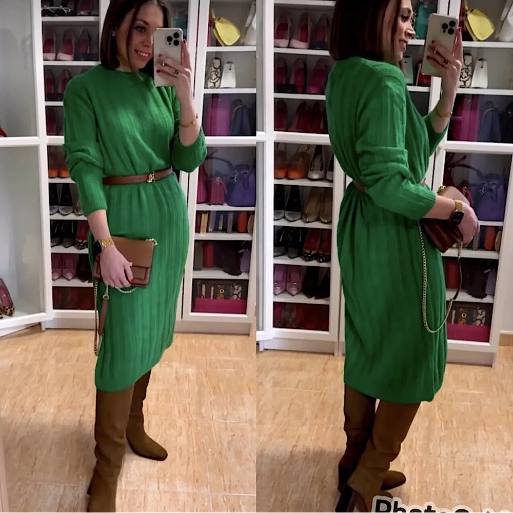 🟢 ZARA Bloggers Fav Long-Sleeved Ribbed Knit Midi Dress Size SM. Sweater Dress - Picture 5 of 16